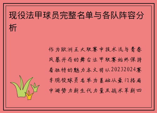 现役法甲球员完整名单与各队阵容分析